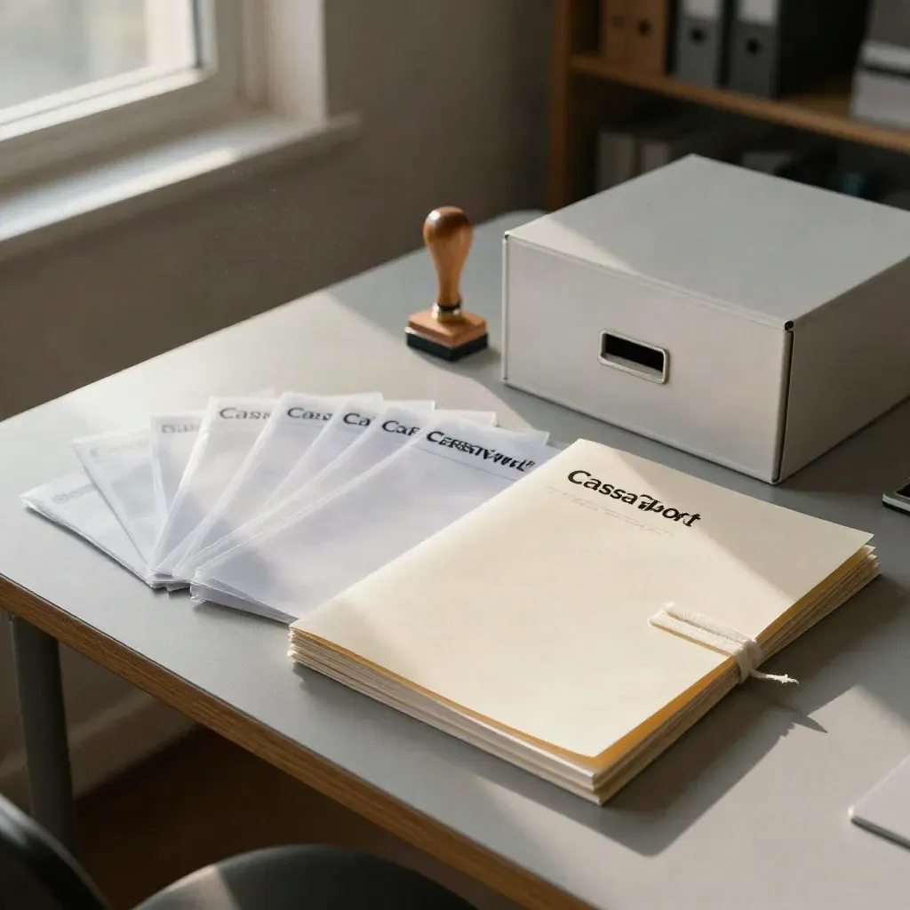 Tessere associative e timbro su tavolo d’archivio all’alba, luce calda e polvere sospesa.