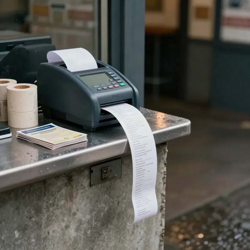 Banco segreteria di un club multisport con POS, stampante scontrini e rotoli biglietti dopo la pioggia.