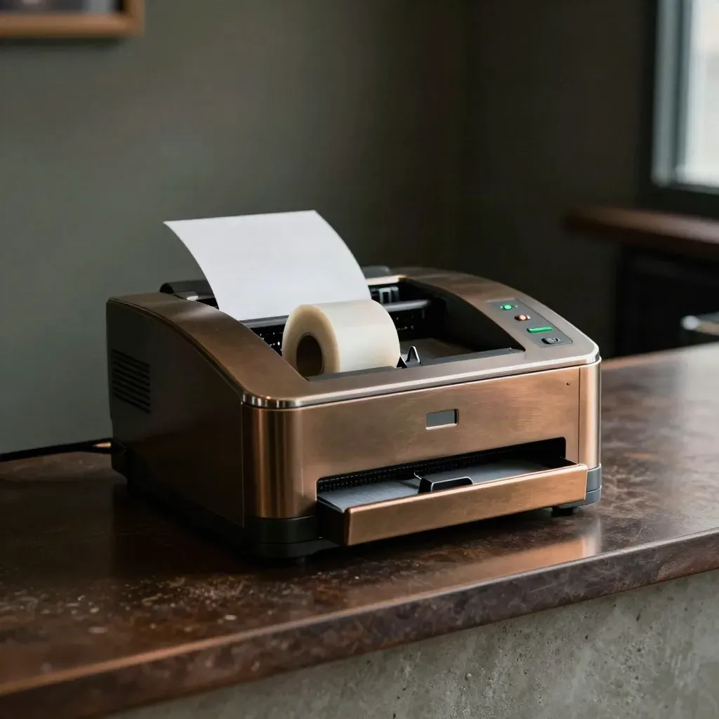 Stampante di chiusura con ultimo scontrino e cassetto contanti quasi chiuso, luce drammatica