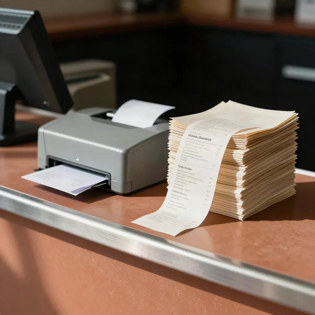 Cartella chiusa, stampante e ricevute su banco segreteria, luce radente e fondo nero