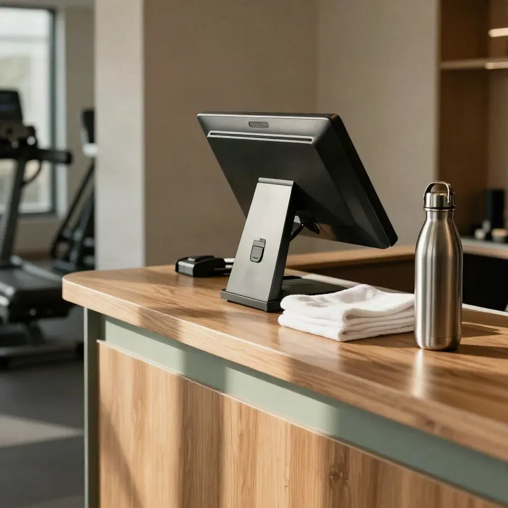 Banco palestra con terminale POS, asciugamano piegato e borraccia sfocata in luce calda.
