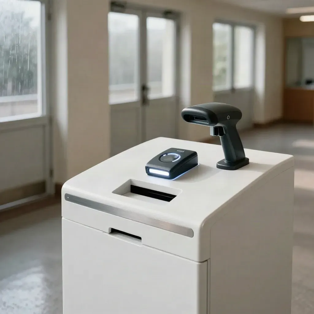 Atrio multisport con POS bianco, tre porte sul fondo e luce mattutina piovosa.