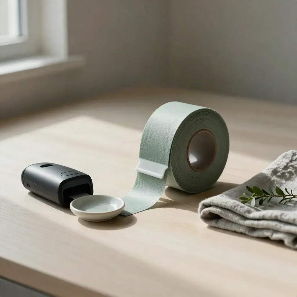 Rotolo di braccialetti ingresso, lettore accessi spento e ciotola in ceramica su legno chiaro.